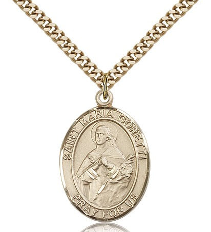 St. Maria Goretti Medal, Gold Filled, Large - 24&quot; 2.4mm Gold Plated Chain + Clasp