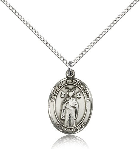 St. Ivo Medal, Sterling Silver, Medium - 18&quot; 1.2mm Sterling Silver Chain + Clasp