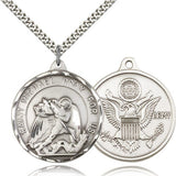 St. Michael Army Medal, Sterling Silver - 24&quot; 2.4mm Rhodium Plate Endless Chain