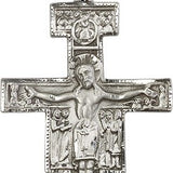 Large Sterling Silver San Damiano Crucifix Pendant - 24&quot; 2.4mm Rhodium Plate Endless Chain