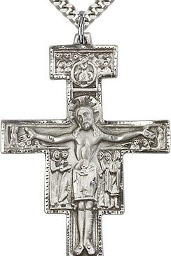 Large Sterling Silver San Damiano Crucifix Pendant - 24&quot; 2.4mm Rhodium Plate Endless Chain