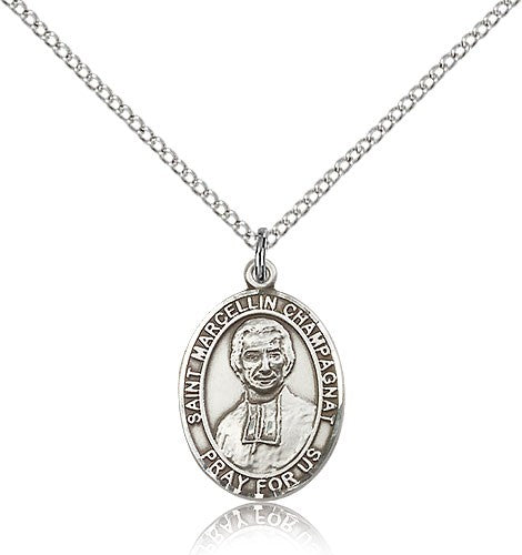 St. Marcellin Champagnat Medal, Sterling Silver, Medium - 18&quot; 1.2mm Sterling Silver Chain + Clasp