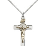 St. Benedict Crucifix Pendant, Two-Tone - 18&quot; 1.2mm Sterling Silver Chain + Clasp