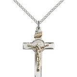 St. Benedict Crucifix Pendant, Two-Tone - 18&quot; 1.2mm Sterling Silver Chain + Clasp