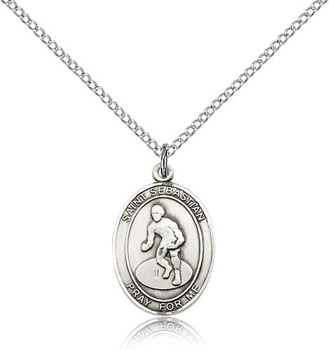 St. Sebastian Wrestling Medal, Sterling Silver, Medium - 18&quot; 1.2mm Sterling Silver Chain + Clasp