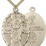 5 Way Cross Holy Spirit Medal, Gold Filled - 24&quot; 2.4mm Gold Plated Endless Chain