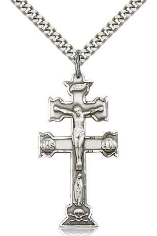 Caravaca Crucifix Pendant, Sterling Silver - 24&quot; 2.4mm Rhodium Plate Endless Chain