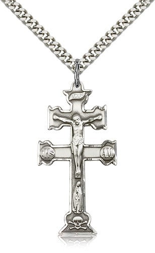 Caravaca Crucifix Pendant, Sterling Silver - 24&quot; 2.4mm Rhodium Plate Endless Chain