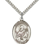 St. Meinrad of Einsideln Medal, Sterling Silver, Large - 24&quot; 2.4mm Rhodium Plate Chain + Clasp