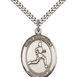St. Sebastian Track and Field Medal, Sterling Silver, Large - 24&quot; 2.4mm Rhodium Plate Chain + Clasp