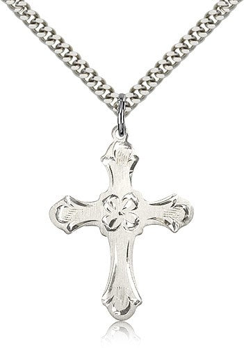 Cross Pendant, Sterling Silver - 24&quot; 2.4mm Rhodium Plate Endless Chain