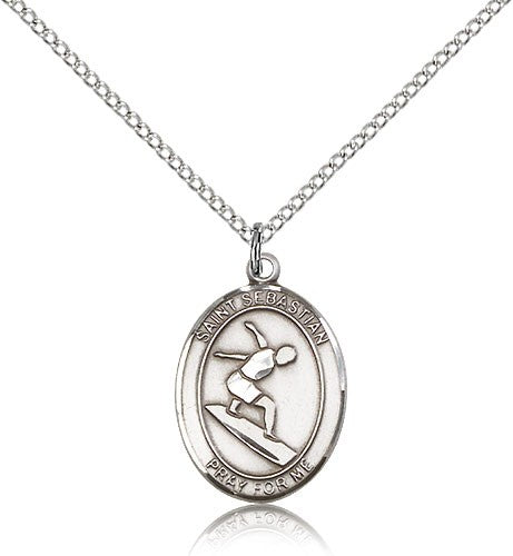 St. Sebastian Surfing Medal, Sterling Silver, Medium - 18&quot; 1.2mm Sterling Silver Chain + Clasp