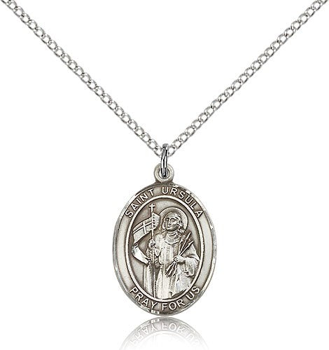 St. Ursula Medal, Sterling Silver, Medium - 18&quot; 1.2mm Sterling Silver Chain + Clasp