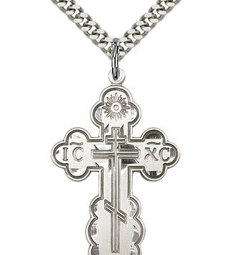St. Olga Cross Pendant, Sterling Silver - 24&quot; 2.4mm Rhodium Plate Endless Chain