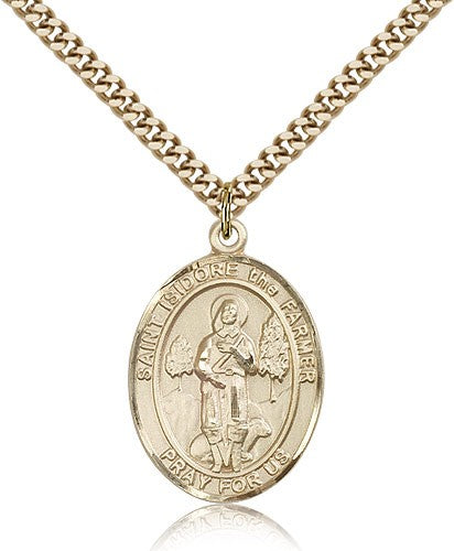 St. Isidore the Farmer Medal, Gold Filled, Large - 24&quot; 2.4mm Gold Plated Chain + Clasp