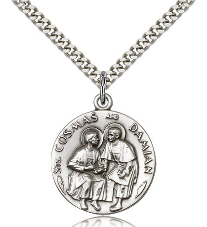 Sts. Cosmos and Damian Medal, Sterling Silver - 24&quot; 2.4mm Rhodium Plate Endless Chain