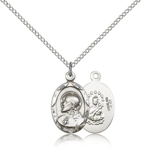 Scapular Medal, Sterling Silver - 18&quot; 1.2mm Sterling Silver Chain + Clasp