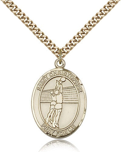 St. Christopher Volleyball Medal, Gold Filled, Large - 24&quot; 2.4mm Gold Plated Chain + Clasp