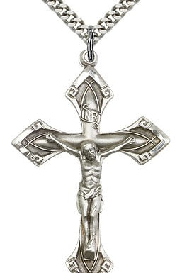 Crucifix Pendant, Sterling Silver - 24&quot; 2.4mm Rhodium Plate Endless Chain