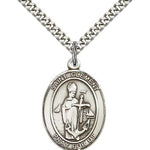 St. Clement Medal, Sterling Silver, Large - 24&quot; 2.4mm Rhodium Plate Chain + Clasp