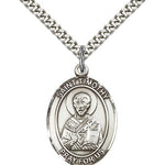 St. Timothy Medal, Sterling Silver, Large - 24&quot; 2.4mm Rhodium Plate Chain + Clasp
