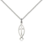 Fish Cross Pendant, Sterling Silver - 18&quot; 1.2mm Sterling Silver Chain + Clasp