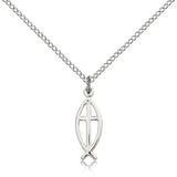 Fish Cross Pendant, Sterling Silver - 18&quot; 1.2mm Sterling Silver Chain + Clasp