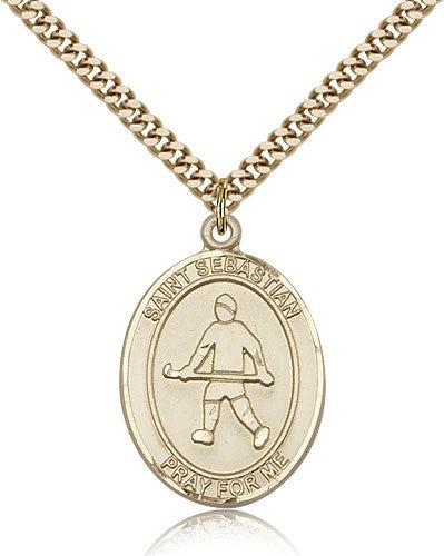 St. Sebastian Field Hockey Medal, Gold Filled, Large - 24&quot; 2.4mm Gold Plated Chain + Clasp