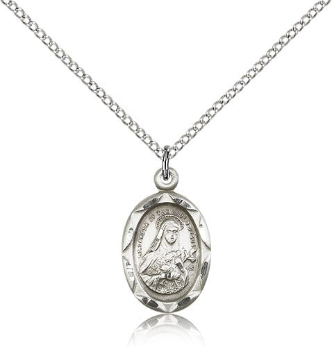 St. Theresa Medal, Sterling Silver - 18&quot; 1.2mm Sterling Silver Chain + Clasp