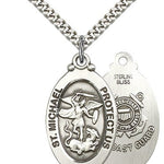 St. Michael Coast Guard Medal, Sterling Silver - 24&quot; 2.4mm Rhodium Plate Endless Chain
