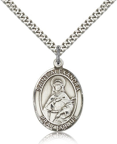 St. Alexandra Medal, Sterling Silver, Large - 24&quot; 2.4mm Rhodium Plate Chain + Clasp