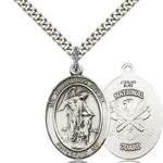 Guardian Angel National Guard Medal, Sterling Silver, Large - 24&quot; 2.4mm Rhodium Plate Chain + Clasp