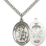 Guardian Angel National Guard Medal, Sterling Silver, Large - 24&quot; 2.4mm Rhodium Plate Chain + Clasp