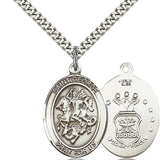 St. George Air Force Medal, Sterling Silver, Large - 24&quot; 2.4mm Rhodium Plate Chain + Clasp