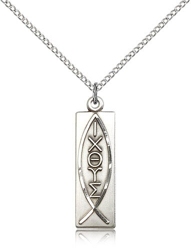 Fish Medal, Sterling Silver - 18&quot; 1.2mm Sterling Silver Chain + Clasp