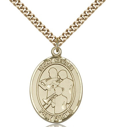 St. Cecilia Marching Band Medal, Gold Filled, Large - 24&quot; 2.4mm Gold Plated Chain + Clasp