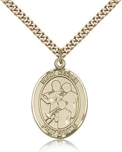 St. Cecilia Marching Band Medal, Gold Filled, Large - 24&quot; 2.4mm Gold Plated Chain + Clasp