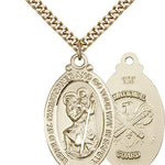 St. Christopher National Guard Medal, Gold Filled - 24&quot; 2.4mm Gold Plated Endless Chain