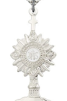 Monstrance Medal, Sterling Silver - 24&quot; 2.4mm Rhodium Plate Endless Chain