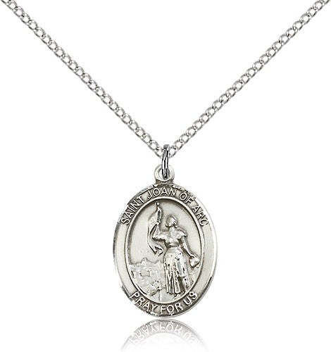 St. Joan of Arc Medal, Sterling Silver, Medium - 18&quot; 1.2mm Sterling Silver Chain + Clasp