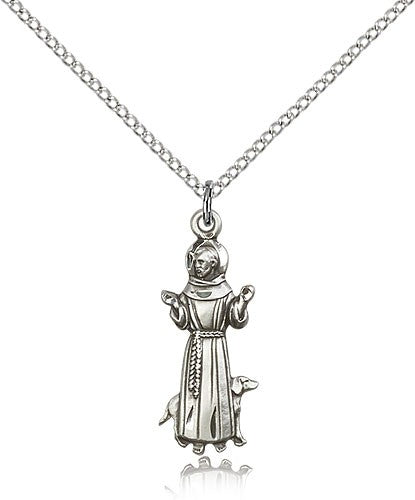 St. Francis Medal, Sterling Silver - 18&quot; 1.2mm Sterling Silver Chain + Clasp