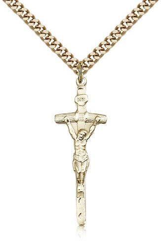 Papal Crucifix Pendant, Gold Filled - 24&quot; 2.4mm Gold Plated Endless Chain