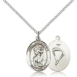 St. Christopher Paratrooper Medal, Sterling Silver, Medium - 18&quot; 1.2mm Sterling Silver Chain + Clasp