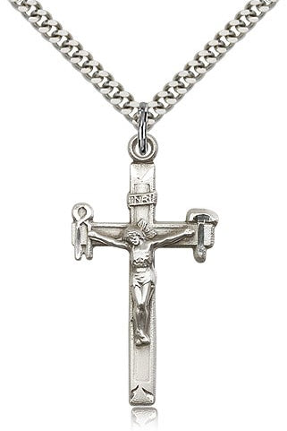 Crucifix Pendant, Sterling Silver - 24&quot; 2.4mm Rhodium Plate Endless Chain