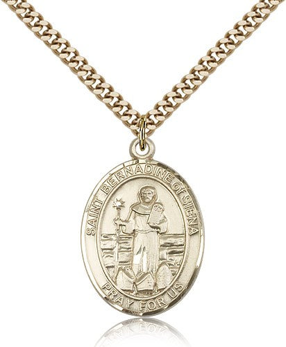 St. Bernadine of Sienna Medal, Gold Filled, Large - 24&quot; 2.4mm Gold Plated Chain + Clasp