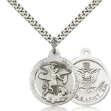 St. Michael Army Medal, Sterling Silver - 24&quot; 2.4mm Rhodium Plate Endless Chain