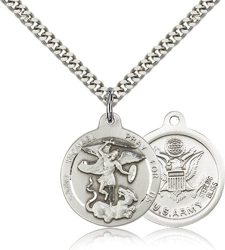 St. Michael Army Medal, Sterling Silver - 24&quot; 2.4mm Rhodium Plate Endless Chain