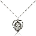 Heart Cross Pendant, Sterling Silver - 18&quot; 1.2mm Sterling Silver Chain + Clasp