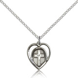 Heart Cross Pendant, Sterling Silver - 18&quot; 1.2mm Sterling Silver Chain + Clasp