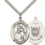 St. Joan of Arc  Coast Guard Medal, Sterling Silver, Large - 24&quot; 2.4mm Rhodium Plate Chain + Clasp